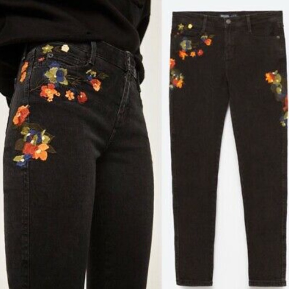 Zara Black Embroidered Jeans
